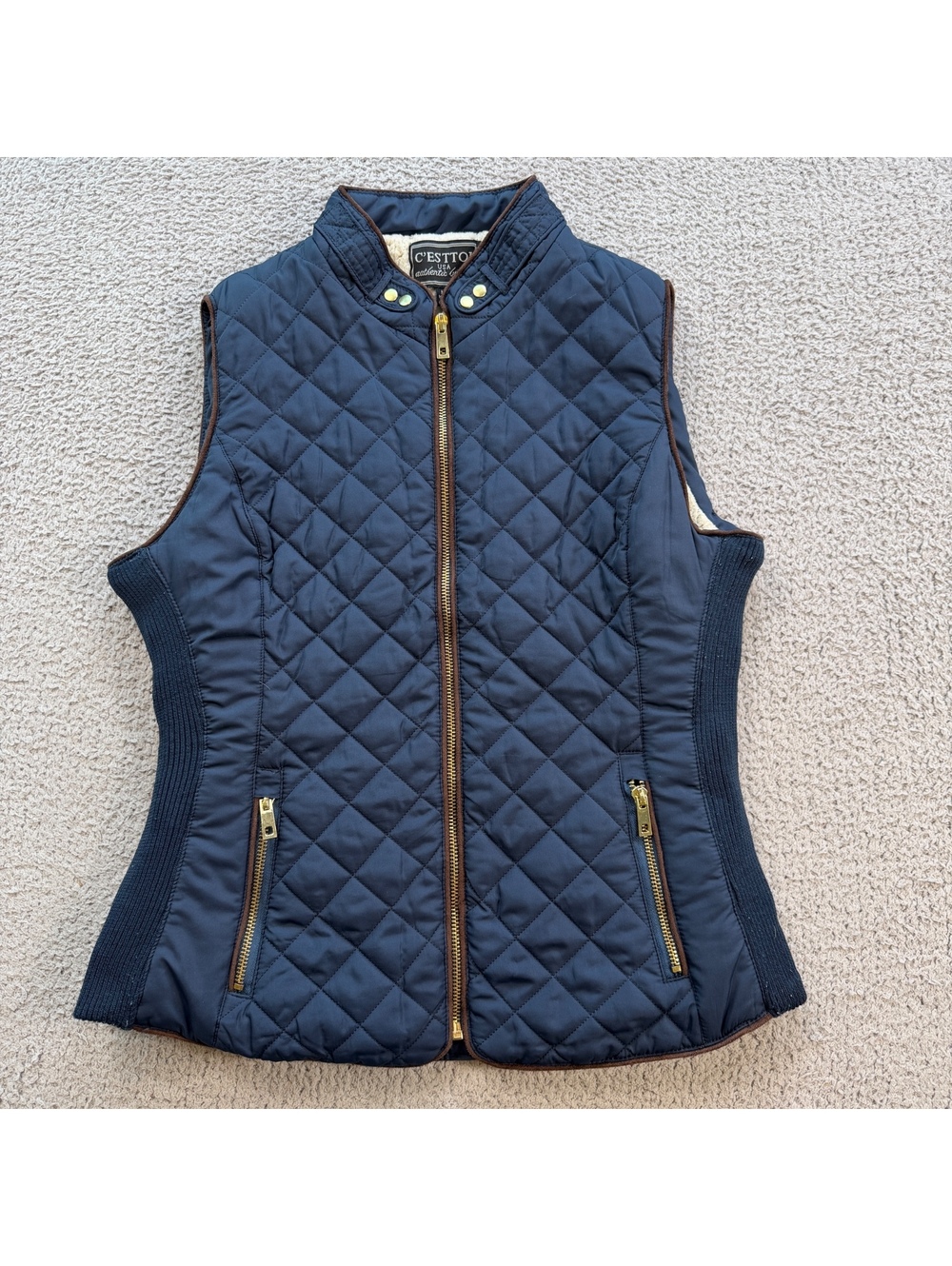C’Est Toi Women’s Medium Navy Quilted Sherpa Lined Vest Gold Zip Equestrian